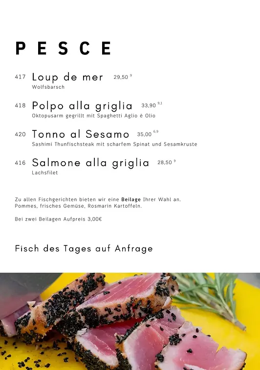 Restaurant Wiesloch, Trattoria Italia, Italiener Wiesloch, Italiener Walldorf, Italiener Nussloch, italienisches Restaurant, Speisekarte mit Fischgerichten
