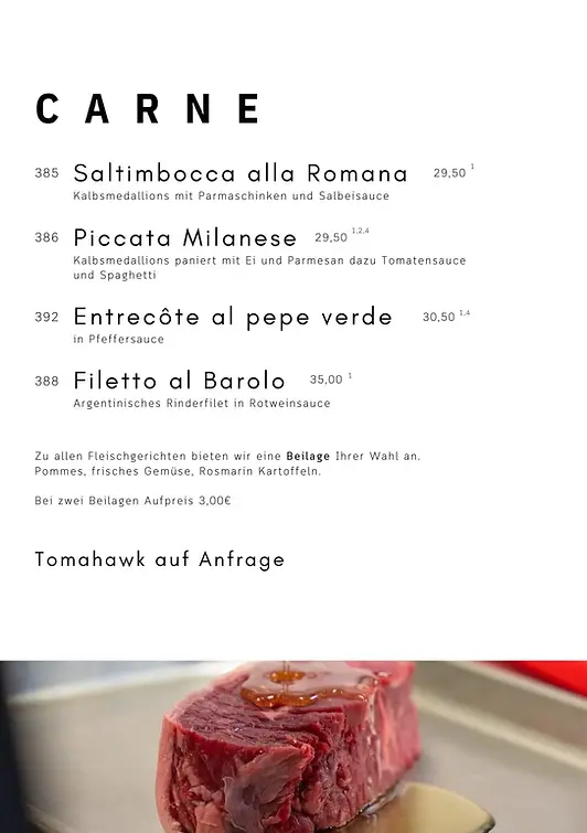 Restaurant Wiesloch, Trattoria Italia, Italiener Wiesloch, Italiener Walldorf, Italiener Nussloch, italienisches Restaurant, Speisekarte mit Fleischgerichten und Preisen