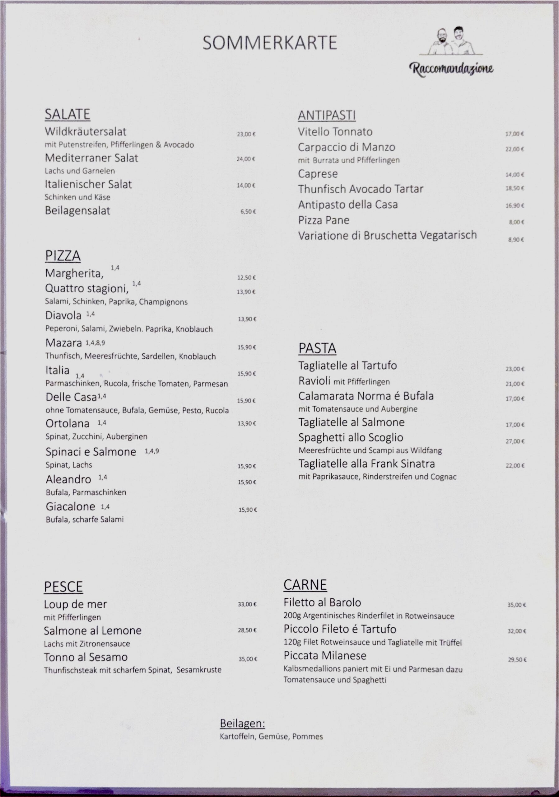 Restaurant Wiesloch, Italiener, Sommerkarte, Pizza, Pasta